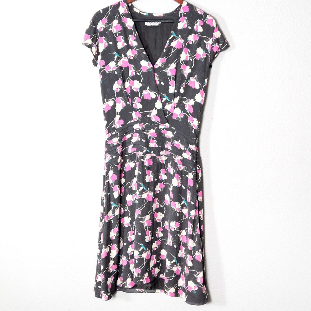 Temperley London Silk Botanical Dress Gray Pink Size 12 Romantic Floral